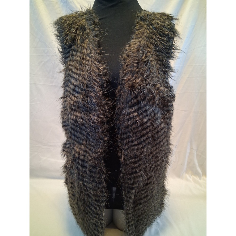 Maurices Faux Fur Knit Back Vest Womens Medium Grey Black Open Front Layering